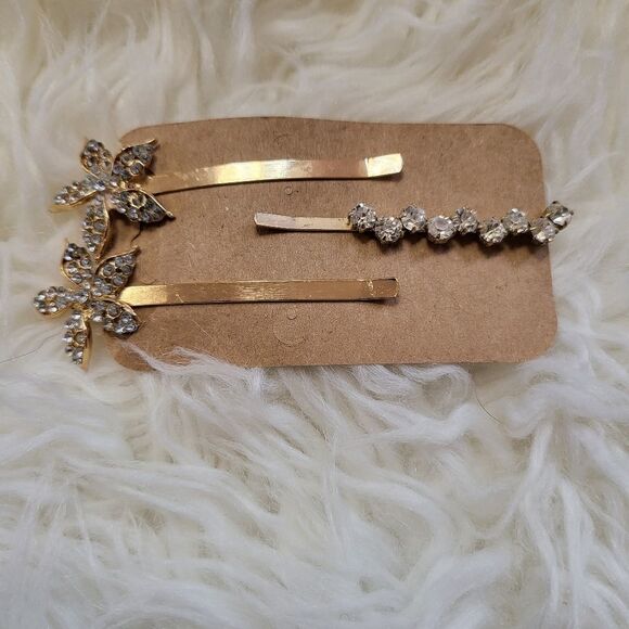 Set of 3 gold & rhinestone hair clips - Picture 1 of 2